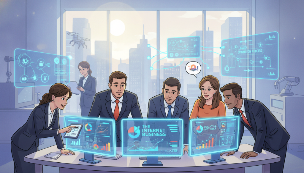 A focused workspace showcasing a high-tech automated lead generation system in action. In the foreground, a diverse team of professionals in business attire collaborate around multiple screens filled with data analytics, charts, and graphs. The middle ground features advanced digital interfaces and dashboards displaying real-time testing metrics, with dynamic visualizations illustrating lead optimization processes. In the background, a sleek modern office environment with large windows allows soft, natural light to illuminate the scene, creating an atmosphere of innovation and productivity. The overall mood is one of enthusiasm and efficiency as team members analyze and strategize, with the brand logo "The Internet Business Provider" subtly integrated on the screens, emphasizing a cutting-edge approach to sales automation.
