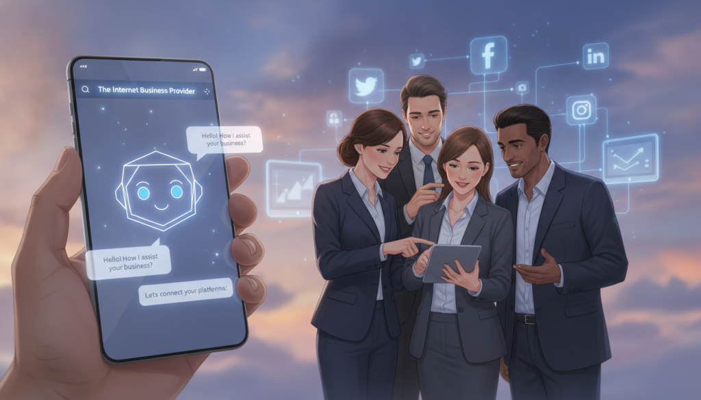 A futuristic social media chatbot interface showcasing interactions between users and AI. In the foreground, display a sleek smartphone with a modern design, featuring an illuminated chatbot app screen. The AI chatbot is personified with a friendly, minimalist avatar, emphasizing approachability. In the middle ground, a diverse group of individuals dressed in professional business attire are engaged in conversation, illustrating various demographics. The background features a digital workspace with abstract social media icons and connected devices, suggesting omnichannel messaging. Soft, ambient lighting creates a welcoming atmosphere, while a slight bokeh effect emphasizes the focus on the chatbot's interface. Include the brand name "The Internet Business Provider" subtly integrated into the design. A futuristic social media chatbot interface showcasing interactions between users and AI. In the foreground, display a sleek smartphone with a modern design, featuring an illuminated chatbot app screen. The AI chatbot is personified with a friendly, minimalist avatar, emphasizing approachability. In the middle ground, a diverse group of individuals dressed in professional business attire are engaged in conversation, illustrating various demographics. The background features a digital workspace with abstract social media icons and connected devices, suggesting omnichannel messaging. Soft, ambient lighting creates a welcoming atmosphere, while a slight bokeh effect emphasizes the focus on the chatbot's interface. Include the brand name "The Internet Business Provider" subtly integrated into the design.