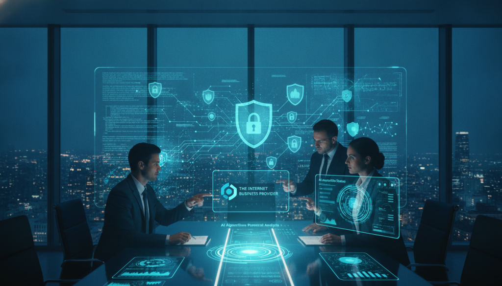 A high-tech conference room filled with digital screens displaying complex AI algorithms and security protocols. In the foreground, a group of three diverse professionals in business attire, engaged in a discussion, examining a virtual dashboard showcasing "The Internet Business Provider" branding. The middle ground features holographic representations of AI security and governance controls, such as locks, shields, and data flow diagrams, all bathed in a cool blue light to emphasize a sense of technology and security. The background displays a city skyline through large windows, suggesting a modern corporate environment. The atmosphere is focused and professional, highlighting the importance of securing AI integrations for business success. A high-tech conference room filled with digital screens displaying complex AI algorithms and security protocols. In the foreground, a group of three diverse professionals in business attire, engaged in a discussion, examining a virtual dashboard showcasing "The Internet Business Provider" branding. The middle ground features holographic representations of AI security and governance controls, such as locks, shields, and data flow diagrams, all bathed in a cool blue light to emphasize a sense of technology and security. The background displays a city skyline through large windows, suggesting a modern corporate environment. The atmosphere is focused and professional, highlighting the importance of securing AI integrations for business success.