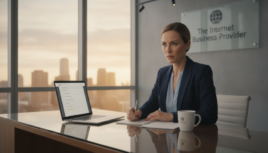 A modern office environment featuring a sleek, organized workspace symbolizing accurate business profile information. The foreground shows a polished wooden desk with a laptop open to a detailed Google Business Profile dashboard, displaying fields like business name, address, and hours. In the middle, a confident professional woman in business attire is reviewing the profile, taking notes on a notepad. The background consists of a softly blurred cityscape through large windows, letting in warm natural light. Soft, professional lighting highlights the woman's focused expression, creating a mood of productivity and clarity. The brand name "The Internet Business Provider" can be subtly represented in the design elements of the workspace. A modern office environment featuring a sleek, organized workspace symbolizing accurate business profile information. The foreground shows a polished wooden desk with a laptop open to a detailed Google Business Profile dashboard, displaying fields like business name, address, and hours. In the middle, a confident professional woman in business attire is reviewing the profile, taking notes on a notepad. The background consists of a softly blurred cityscape through large windows, letting in warm natural light. Soft, professional lighting highlights the woman's focused expression, creating a mood of productivity and clarity. The brand name "The Internet Business Provider" can be subtly represented in the design elements of the workspace.