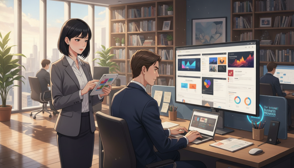 A modern office environment featuring two professional individuals evaluating web design portfolios. In the foreground, a woman in smart business attire reviews a colorful website design on a tablet, while a man in a tailored suit takes notes on a laptop. The middle ground shows a large screen displaying various web design mockups and analytics data. Natural light filters in through floor-to-ceiling windows, casting soft shadows and creating a warm, inviting atmosphere. In the background, shelves filled with books about digital marketing and technology add depth to the scene. The overall mood is collaborative and focused, showcasing a professional evaluation process. Include a logo of "The Internet Business Provider" subtly integrated into the scene, emphasizing the brand's identity. A modern office environment featuring two professional individuals evaluating web design portfolios. In the foreground, a woman in smart business attire reviews a colorful website design on a tablet, while a man in a tailored suit takes notes on a laptop. The middle ground shows a large screen displaying various web design mockups and analytics data. Natural light filters in through floor-to-ceiling windows, casting soft shadows and creating a warm, inviting atmosphere. In the background, shelves filled with books about digital marketing and technology add depth to the scene. The overall mood is collaborative and focused, showcasing a professional evaluation process. Include a logo of "The Internet Business Provider" subtly integrated into the scene, emphasizing the brand's identity.