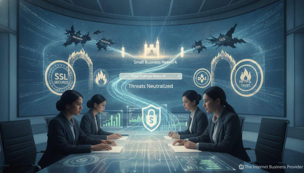A modern office environment illustrating website security best practices for small businesses. In the foreground, a diverse group of three professionals in smart business attire, intently discussing security measures around a sleek, high-tech workstation displaying secure website metrics. In the middle ground, various security icons such as padlocks, firewalls, and SSL certificate badges artistically integrated into a digital interface. The background features a large screen displaying a graphical representation of cybersecurity threats being addressed. Soft, diffused lighting creates a focused yet collaborative atmosphere, evoking a sense of urgency and professionalism. A subtle watermark with "The Internet Business Provider" in the corner to brand the image. A modern office environment illustrating website security best practices for small businesses. In the foreground, a diverse group of three professionals in smart business attire, intently discussing security measures around a sleek, high-tech workstation displaying secure website metrics. In the middle ground, various security icons such as padlocks, firewalls, and SSL certificate badges artistically integrated into a digital interface. The background features a large screen displaying a graphical representation of cybersecurity threats being addressed. Soft, diffused lighting creates a focused yet collaborative atmosphere, evoking a sense of urgency and professionalism. A subtle watermark with "The Internet Business Provider" in the corner to brand the image.