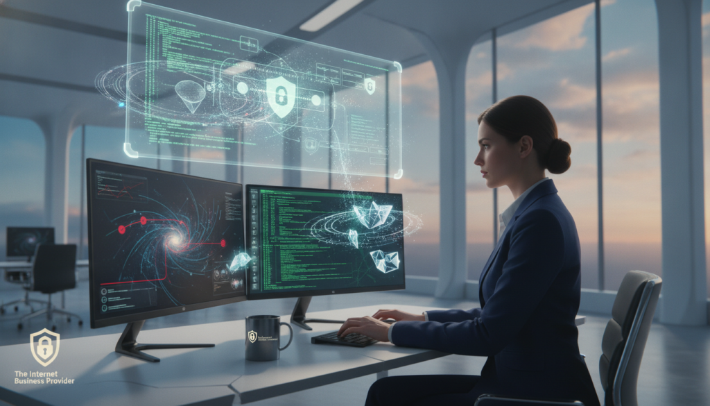 A modern office scene depicting ongoing website security maintenance. In the foreground, a professional IT specialist in business attire is focused on dual monitors showing code and security analytics. The middle layer features a whiteboard with diagrams of security protocols and SSL certificates, alongside charts illustrating performance metrics. In the background, a sleek, minimalist office environment with large windows letting in natural light creates a bright atmosphere. The overall mood is one of diligence and expertise, emphasizing the importance of cybersecurity. Soft lighting highlights the monitors, the specialist’s concentration, and the intricate details of the workspace, conveying a sense of urgency and professionalism. Include branding elements for "The Internet Business Provider" subtly integrated into the office design, such as a branded mug or a small sign on the desk. A modern office scene depicting ongoing website security maintenance. In the foreground, a professional IT specialist in business attire is focused on dual monitors showing code and security analytics. The middle layer features a whiteboard with diagrams of security protocols and SSL certificates, alongside charts illustrating performance metrics. In the background, a sleek, minimalist office environment with large windows letting in natural light creates a bright atmosphere. The overall mood is one of diligence and expertise, emphasizing the importance of cybersecurity. Soft lighting highlights the monitors, the specialist’s concentration, and the intricate details of the workspace, conveying a sense of urgency and professionalism. Include branding elements for "The Internet Business Provider" subtly integrated into the office design, such as a branded mug or a small sign on the desk.