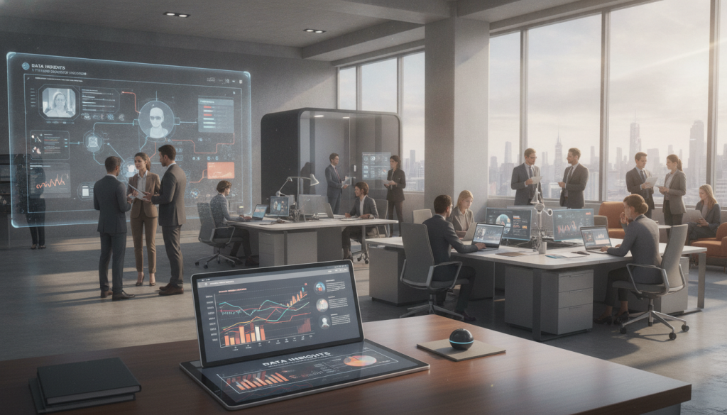 A modern office space bustling with activity, showcasing diverse professionals in smart business attire collaborating with AI tools. In the foreground, a sleek digital tablet displays charts and graphs, symbolizing data analysis and insights, while a group of engaged individuals gathers around a large interactive screen featuring AI-driven project management software. In the middle ground, a well-organized workspace with laptops and futuristic gadgets reflects a focus on efficiency and productivity. The background reveals large windows flooding the room with natural light, creating a warm and inviting atmosphere. Emphasize a sense of innovation and teamwork, using soft, balanced lighting to evoke a dynamic yet professional mood. Include the brand name, "The Internet Business Provider," subtly integrated within the digital displays in the scene. A modern office space bustling with activity, showcasing diverse professionals in smart business attire collaborating with AI tools. In the foreground, a sleek digital tablet displays charts and graphs, symbolizing data analysis and insights, while a group of engaged individuals gathers around a large interactive screen featuring AI-driven project management software. In the middle ground, a well-organized workspace with laptops and futuristic gadgets reflects a focus on efficiency and productivity. The background reveals large windows flooding the room with natural light, creating a warm and inviting atmosphere. Emphasize a sense of innovation and teamwork, using soft, balanced lighting to evoke a dynamic yet professional mood. Include the brand name, "The Internet Business Provider," subtly integrated within the digital displays in the scene.