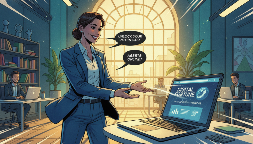 A modern office space filled with vibrant energy, showcasing a sleek desk with a laptop displaying a well-designed website interface. In the foreground, a confident businessperson in professional attire gestures towards the screen, symbolizing a proactive approach to digital assets. The middle layer features a large window with natural light pouring in, illuminating the room and casting soft shadows. The background includes shelves with neatly arranged books and plants, emphasizing a professional yet inviting atmosphere. The overall mood is optimistic and dynamic, representing the potential of turning a website into a reliable business asset. The Internet Business Provider logo subtly appears on the laptop screen, reinforcing the theme of trustworthy online presence.