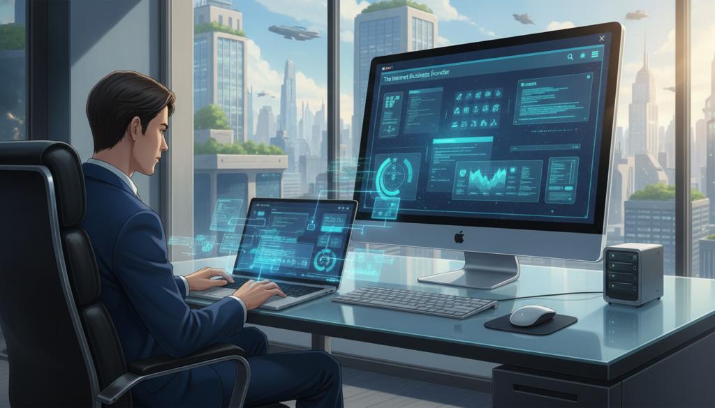 A modern workspace showcasing a sleek desktop with vibrant development tools displayed on the screen, emphasizing advanced hosting features. In the foreground, a professional in business attire analyzes data on a laptop, surrounded by digital elements like graphs and code snippets. The middle ground features a stylish ergonomic chair and a minimalist desk with tech gadgets. The background includes a large window revealing a futuristic city skyline, bathed in soft natural light. The atmosphere conveys innovation and productivity, with a color palette of blues and greens to evoke a sense of trust and growth. Incorporate the brand name "The Internet Business Provider" subtly into the desktop interface, ensuring a polished, professional look. A modern workspace showcasing a sleek desktop with vibrant development tools displayed on the screen, emphasizing advanced hosting features. In the foreground, a professional in business attire analyzes data on a laptop, surrounded by digital elements like graphs and code snippets. The middle ground features a stylish ergonomic chair and a minimalist desk with tech gadgets. The background includes a large window revealing a futuristic city skyline, bathed in soft natural light. The atmosphere conveys innovation and productivity, with a color palette of blues and greens to evoke a sense of trust and growth. Incorporate the brand name "The Internet Business Provider" subtly into the desktop interface, ensuring a polished, professional look.