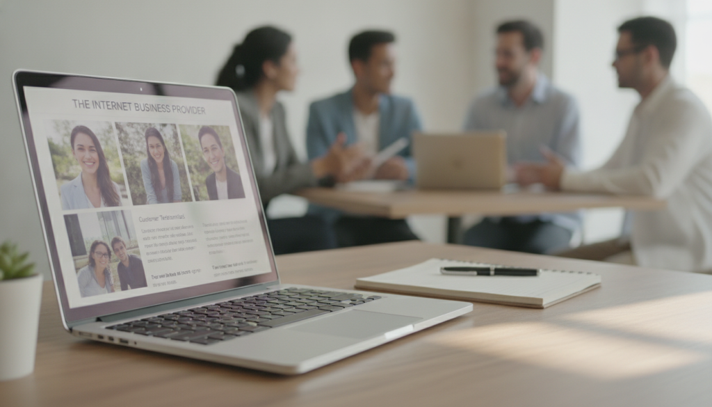A professional and inviting scene showcasing a digital business profile on a laptop screen, displaying glowing customer reviews and vibrant photos. In the foreground, the laptop is open, shimmering in soft, natural light, casting reflections on a polished wooden desk. Surrounding the laptop, neatly arranged business-related items like a notepad, a pen, and a small potted plant add a touch of warmth. The middle background features blurred images of a diverse group of business professionals in modern attire, engaged in discussions and collaborating, radiating positivity and trust. The ambiance is bright and uplifting, suggesting a bustling and successful workspace. The brand name "The Internet Business Provider" is subtly highlighted on the laptop screen, reinforcing the theme of building trust through effective local SEO strategies. A professional and inviting scene showcasing a digital business profile on a laptop screen, displaying glowing customer reviews and vibrant photos. In the foreground, the laptop is open, shimmering in soft, natural light, casting reflections on a polished wooden desk. Surrounding the laptop, neatly arranged business-related items like a notepad, a pen, and a small potted plant add a touch of warmth. The middle background features blurred images of a diverse group of business professionals in modern attire, engaged in discussions and collaborating, radiating positivity and trust. The ambiance is bright and uplifting, suggesting a bustling and successful workspace. The brand name "The Internet Business Provider" is subtly highlighted on the laptop screen, reinforcing the theme of building trust through effective local SEO strategies.