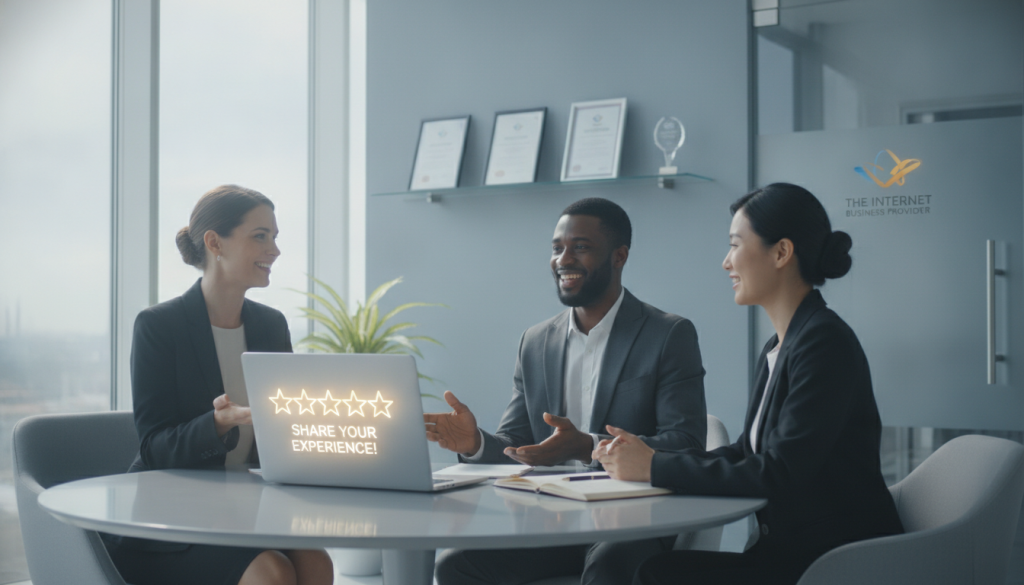 A professional and serene office environment showcasing a positive review request strategy. In the foreground, a diverse group of three professionals in smart business attire, engaged in a collaborative discussion, with smiles and gestures indicating a positive exchange. In the middle ground, an elegant table featuring a laptop displaying a glowing five-star rating, along with a subtle notepad and pen ready for jotting down ideas. The background showcases a large window allowing soft natural light to fill the room, lending an airy and optimistic atmosphere. The overall mood conveys encouragement and motivation, embodying the essence of uplifting communication. The branding of "The Internet Business Provider" is subtly linked through the office decor, such as framed certificates or awards on the wall, enhancing the professional aesthetic. A professional and serene office environment showcasing a positive review request strategy. In the foreground, a diverse group of three professionals in smart business attire, engaged in a collaborative discussion, with smiles and gestures indicating a positive exchange. In the middle ground, an elegant table featuring a laptop displaying a glowing five-star rating, along with a subtle notepad and pen ready for jotting down ideas. The background showcases a large window allowing soft natural light to fill the room, lending an airy and optimistic atmosphere. The overall mood conveys encouragement and motivation, embodying the essence of uplifting communication. The branding of "The Internet Business Provider" is subtly linked through the office decor, such as framed certificates or awards on the wall, enhancing the professional aesthetic.