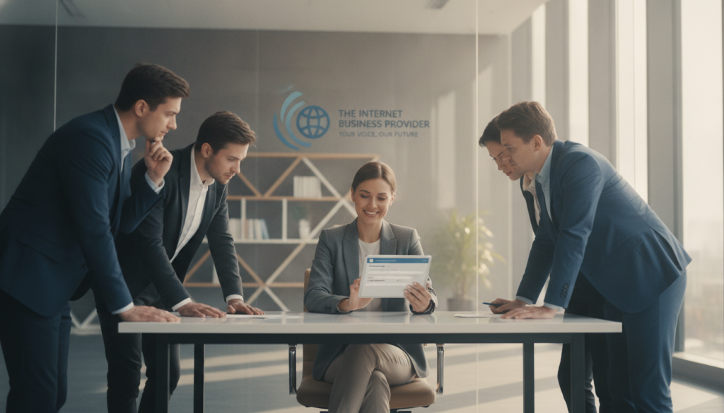 A professional and visually engaging scene illustrating a compliant customer feedback request process. In the foreground, a well-dressed businesswoman sits at a sleek desk, engaging with a digital tablet displaying a feedback form. She is smiling and appears attentive to a diverse group of customers, clad in smart casual attire, around her. The middle ground features a modern office environment with soft, diffused lighting creating a warm atmosphere. In the background, there are branded elements showcasing "The Internet Business Provider," such as a logo on a glass wall. The scene conveys a sense of professionalism, trust, and compliance, focusing on the importance of gathering customer feedback in a positive manner. Use a wide-angle lens to capture the interaction and ambiance. A professional and visually engaging scene illustrating a compliant customer feedback request process. In the foreground, a well-dressed businesswoman sits at a sleek desk, engaging with a digital tablet displaying a feedback form. She is smiling and appears attentive to a diverse group of customers, clad in smart casual attire, around her. The middle ground features a modern office environment with soft, diffused lighting creating a warm atmosphere. In the background, there are branded elements showcasing "The Internet Business Provider," such as a logo on a glass wall. The scene conveys a sense of professionalism, trust, and compliance, focusing on the importance of gathering customer feedback in a positive manner. Use a wide-angle lens to capture the interaction and ambiance.