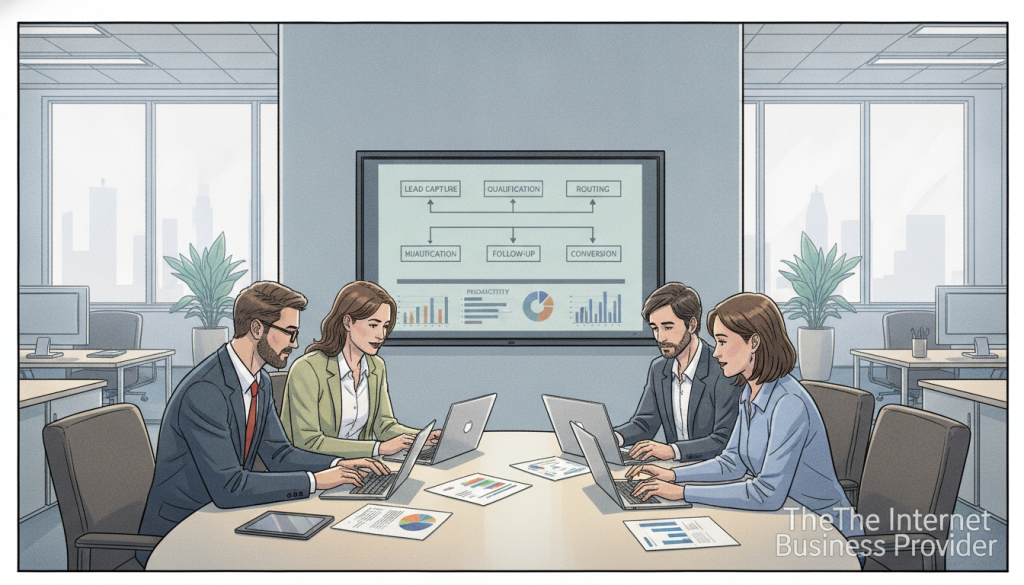 A professional office environment depicting a team meeting focused on lead routing and human follow-up strategies. In the foreground, a diverse group of four individuals in business attire, engaged in discussion around a table filled with laptops and documents. The middle ground features a large screen displaying a flow chart illustrating lead management processes. In the background, a bright, modern office space with large windows letting in natural light, creating an inviting atmosphere. Use soft, diffused lighting to enhance a collaborative mood, and incorporate elements like charts and graphs to symbolize productivity. Place the brand name "The Internet Business Provider" subtly in one corner of the image, ensuring it blends seamlessly into the professional setting.