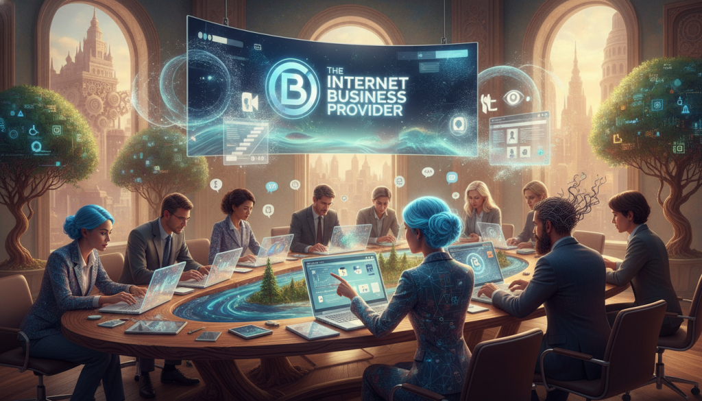 A vibrant office scene focused on a diverse group of professionals collaborating around a large table, reviewing digital content on laptops and tablets. In the foreground, a woman in professional business attire points to a graph displaying user analytics, while a man next to her gestures towards a webpage prototype, emphasizing accessibility features. The middle ground reveals a large screen showcasing the logo "The Internet Business Provider," with colorful visuals related to website accessibility. In the background, windows let in warm daylight, creating an inviting atmosphere of teamwork and innovation. The angle is slightly elevated, capturing the dynamic interaction among the team, highlighting engagement and creativity in making web content accessible to all users. A vibrant office scene focused on a diverse group of professionals collaborating around a large table, reviewing digital content on laptops and tablets. In the foreground, a woman in professional business attire points to a graph displaying user analytics, while a man next to her gestures towards a webpage prototype, emphasizing accessibility features. The middle ground reveals a large screen showcasing the logo "The Internet Business Provider," with colorful visuals related to website accessibility. In the background, windows let in warm daylight, creating an inviting atmosphere of teamwork and innovation. The angle is slightly elevated, capturing the dynamic interaction among the team, highlighting engagement and creativity in making web content accessible to all users.
