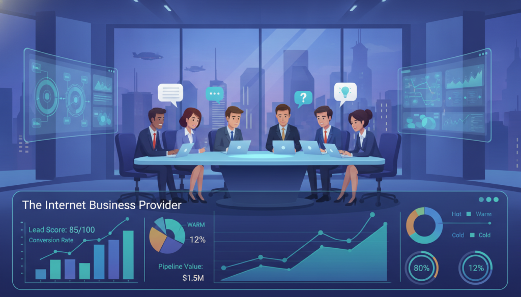 A visually engaging digital illustration of the lead qualification and scoring process. In the foreground, show a sleek, modern dashboard with various colored graphs and metrics representing lead scores, analytics, and conversion rates. In the middle, feature a diverse group of professionals in business attire, collaborating around a table, discussing strategies and analyzing data on laptops and tablets. In the background, depict a futuristic office environment with large screens displaying real-time statistics and a city skyline through floor-to-ceiling windows. Soft, ambient lighting creates a focus on the central activities, casting gentle shadows to enhance a professional yet dynamic atmosphere. Include the brand name “The Internet Business Provider” subtly integrated into the design elements.