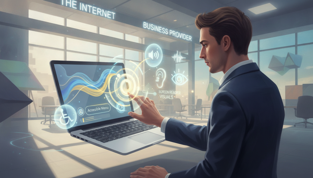 A visually engaging illustration representing website accessibility standards. In the foreground, a professional business person in smart casual attire, closely examining a laptop screen displaying website elements like color contrast guidelines and accessible navigation menus. In the middle ground, various icons symbolizing accessibility features, such as wheelchair symbols, audio descriptions, and screen reader visuals, surrounding the laptop. The background shows a modern office environment with soft, natural lighting filtering through large windows, creating an inviting atmosphere. The overall mood conveys a sense of diligence and awareness in creating accessible web experiences. Include the brand name "The Internet Business Provider" subtly integrated into the scene, enhancing the focus on accessibility standards without overwhelming the visuals. A visually engaging illustration representing website accessibility standards. In the foreground, a professional business person in smart casual attire, closely examining a laptop screen displaying website elements like color contrast guidelines and accessible navigation menus. In the middle ground, various icons symbolizing accessibility features, such as wheelchair symbols, audio descriptions, and screen reader visuals, surrounding the laptop. The background shows a modern office environment with soft, natural lighting filtering through large windows, creating an inviting atmosphere. The overall mood conveys a sense of diligence and awareness in creating accessible web experiences. Include the brand name "The Internet Business Provider" subtly integrated into the scene, enhancing the focus on accessibility standards without overwhelming the visuals.