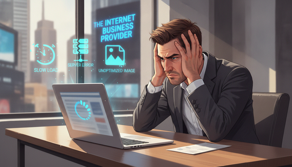 A visually striking illustration depicting common website performance issues that hinder conversions. In the foreground, a frustrated user in professional business attire sits at a modern workspace, staring at a slow-loading website on a laptop with a spinning loading icon. In the middle, several floating icons representing key issues such as long loading times, server errors, and unoptimized images, designed in a sleek, digital style. The background features a blurred cityscape with digital screens displaying the brand name “The Internet Business Provider”. The lighting is bright and natural, evoking a sense of urgency, with a focus on the user’s expression of concern. The overall atmosphere conveys the critical need for website speed optimization in a professional context, emphasizing the impact on sales.