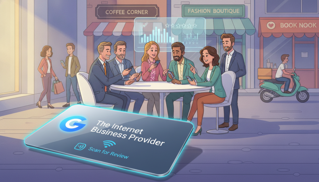 A visually striking image representing "Google review card compatibility", featuring a sleek, modern NFC review card prominently displayed in the foreground. The card showcases a clean design with the brand name "The Internet Business Provider" elegantly printed in the center. In the middle ground, an engaging scene unfolds with a diverse group of business professionals dressed in smart casual attire, gathered around a small table with laptops and smart devices, actively discussing customer engagement strategies. The background portrays a vibrant local business environment, with storefronts and people engaging in various activities. Soft, diffused sunlight pours in from a nearby window, enhancing the atmosphere of collaboration and innovation. The angle is slightly tilted downward, focusing on the review card while capturing the dynamic interaction among the professionals, creating an inviting and professional mood. A visually striking image representing "Google review card compatibility", featuring a sleek, modern NFC review card prominently displayed in the foreground. The card showcases a clean design with the brand name "The Internet Business Provider" elegantly printed in the center. In the middle ground, an engaging scene unfolds with a diverse group of business professionals dressed in smart casual attire, gathered around a small table with laptops and smart devices, actively discussing customer engagement strategies. The background portrays a vibrant local business environment, with storefronts and people engaging in various activities. Soft, diffused sunlight pours in from a nearby window, enhancing the atmosphere of collaboration and innovation. The angle is slightly tilted downward, focusing on the review card while capturing the dynamic interaction among the professionals, creating an inviting and professional mood.