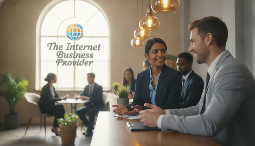 A warm, inviting customer service scene featuring a diverse team of professionals in smart business attire engaging joyfully with customers. In the foreground, a friendly customer service representative is helping a satisfied client, both smiling and leaning towards each other, exuding a sense of trust and relationship. In the middle ground, a cozy office space filled with plants and soft lighting creates a welcoming atmosphere. The background showcases a large window with natural daylight streaming in, illuminating "The Internet Business Provider" logo on the wall. Capture this moment with a soft focus lens, creating a depth of field that highlights the connection between the individuals while maintaining a cheerful, optimistic mood, illustrating the essence of building relationships that turn customers into advocates. A warm, inviting customer service scene featuring a diverse team of professionals in smart business attire engaging joyfully with customers. In the foreground, a friendly customer service representative is helping a satisfied client, both smiling and leaning towards each other, exuding a sense of trust and relationship. In the middle ground, a cozy office space filled with plants and soft lighting creates a welcoming atmosphere. The background showcases a large window with natural daylight streaming in, illuminating "The Internet Business Provider" logo on the wall. Capture this moment with a soft focus lens, creating a depth of field that highlights the connection between the individuals while maintaining a cheerful, optimistic mood, illustrating the essence of building relationships that turn customers into advocates.