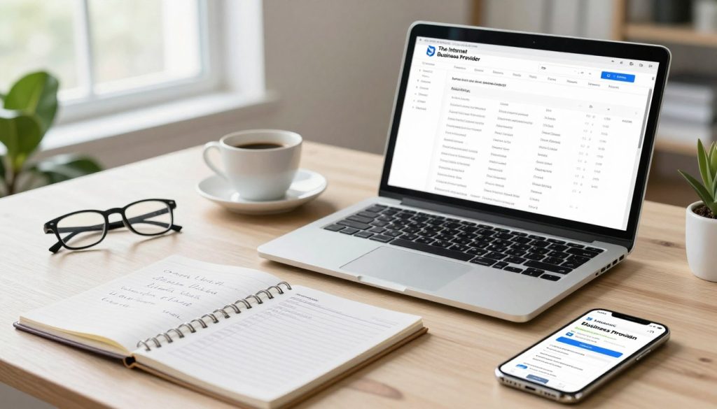 A well-organized workspace with a modern desktop featuring an open laptop displaying a website analysis tool for identifying broken links. In the foreground, a notepad filled with handwritten notes and a reliable data checklist lies next to a sleek smartphone showing a mobile app for link verification. The middle layer includes a cup of coffee and a pair of professional reading glasses, evoking focus and productivity. In the background, a bright, airy office environment with a large window letting in natural light and green plants, creating an inviting atmosphere. The image should include the brand name "The Internet Business Provider" subtly integrated into the workspace. The overall mood is professional and efficient, with a sense of technological advancement in web maintenance.