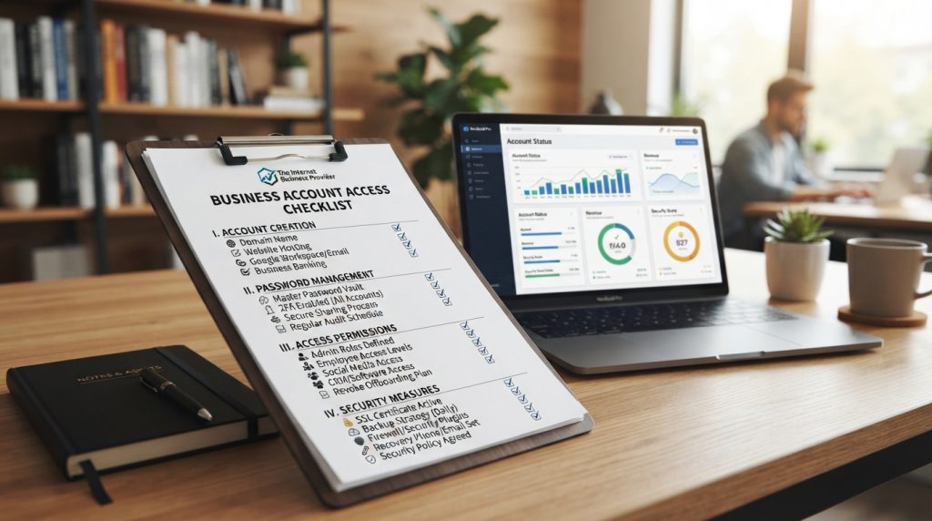 A detailed business account access checklist displayed prominently on a sleek, modern desk. The foreground features an organized checklist with bullet points, icons, and checkboxes, emphasizing clarity and professionalism. The checklist includes sections for "Account Creation," "Password Management," "Access Permissions," and "Security Measures," all related to digital asset ownership for small business owners. The middle ground shows a laptop open to a digital dashboard, symbolizing online business management, while a stylish business notebook rests beside the checklist. In the background, soft, ambient lighting casts a warm glow in a contemporary office space, with a blurred view of shelves containing business-related books and decor. The mood is focused, efficient, and professional, aligned with the theme of "The Internet Business Provider."