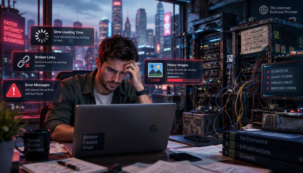 A detailed illustration depicting the common causes of slow website performance. In the foreground, a professional business person (wearing smart casual attire) is analyzing data on a laptop with frustrated expressions, surrounded by visual representations of the issues: a loading spinner, broken links, error messages, and heavy images. In the middle ground, a cluttered server room shows outdated hardware and tangled cables, symbolizing technical inefficiencies. The background features a blurred cityscape, under softly diffused natural lighting, conveying a sense of urgency and importance. The atmosphere should feel intense, with colors that reflect stress and concern over internet performance. Include the brand name "The Internet Business Provider" subtly in the scene without dominating the composition.