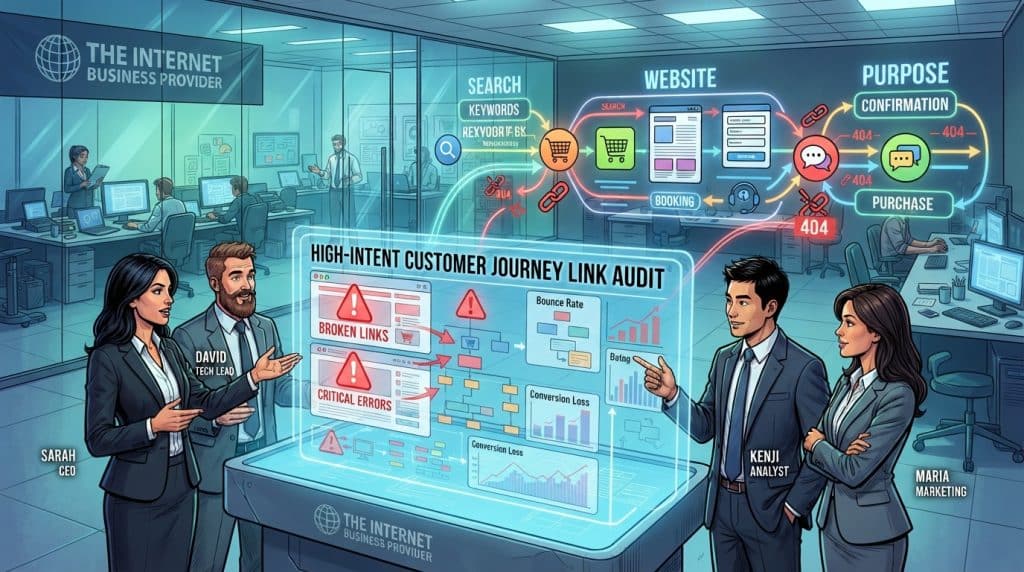A detailed illustration of a digital audit concept, focusing on "High-intent customer journey link audit." In the foreground, a diverse group of professionals in business attire is examining a large, transparent holographic screen displaying broken links and website analytics. The middle layer features icons representing customer journeys, such as shopping carts, booking forms, and support chat bubbles, connected by glowing lines to illustrate the flow of information. The background showcases a sleek modern office space filled with soft blue and green lighting, giving a high-tech, productive atmosphere. The brand name "The Internet Business Provider" is subtly integrated into the design. The overall mood is focused, collaborative, and innovative, conveying the importance of addressing broken links.