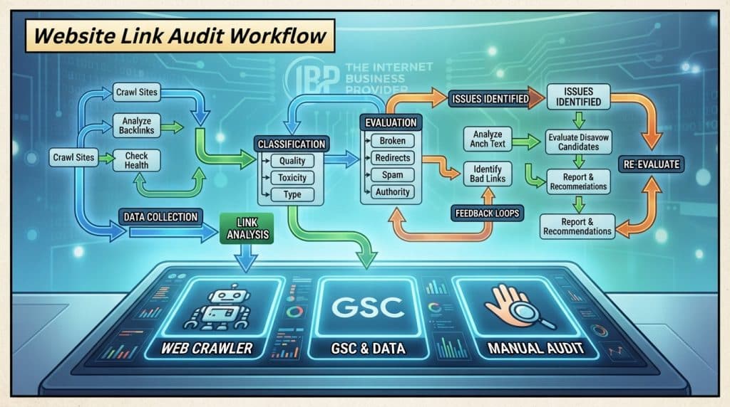A detailed workflow diagram illustrating a "Website Link Audit Workflow", visually organized into three layers. In the foreground, show a digital interface with vibrant icons representing a web crawler, Google Search Console, and manual checks. In the middle layer, depict interconnected arrows and flow charts indicating the auditing process and feedback loops. In the background, use soft gradients of blue and green to symbolize the digital environment, enhanced with subtle binary code patterns for a techy feel. The scene should be illuminated with soft, white lighting, creating a professional atmosphere suitable for a business context. Include the brand name "The Internet Business Provider" subtly integrated into the design without any text overlays.