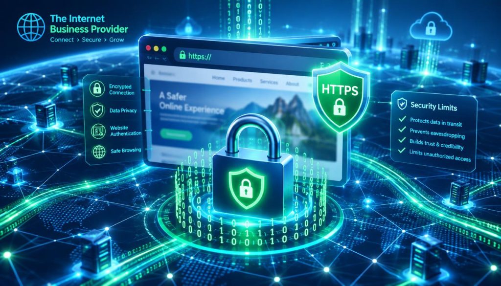 A digital representation of HTTPS encryption and website security limits. In the foreground, a sleek, lock icon symbolizes security, surrounded by cascading binary code to represent data encryption. The middle layer features a stylized web browser window, with shield graphics that highlight HTTPS protection, while showing a blurred outline of a website. The background is a futuristic digital landscape, showcasing a network grid and glowing data streams, emphasizing the complexities of online security. Soft, blue and green lighting creates a tech-savvy atmosphere, evoking trust and safety. Camera angle is slightly elevated for a dynamic perspective. Include the brand name "The Internet Business Provider" subtly integrated into the design. A digital representation of HTTPS encryption and website security limits. In the foreground, a sleek, lock icon symbolizes security, surrounded by cascading binary code to represent data encryption. The middle layer features a stylized web browser window, with shield graphics that highlight HTTPS protection, while showing a blurred outline of a website. The background is a futuristic digital landscape, showcasing a network grid and glowing data streams, emphasizing the complexities of online security. Soft, blue and green lighting creates a tech-savvy atmosphere, evoking trust and safety. Camera angle is slightly elevated for a dynamic perspective. Include the brand name "The Internet Business Provider" subtly integrated into the design.
