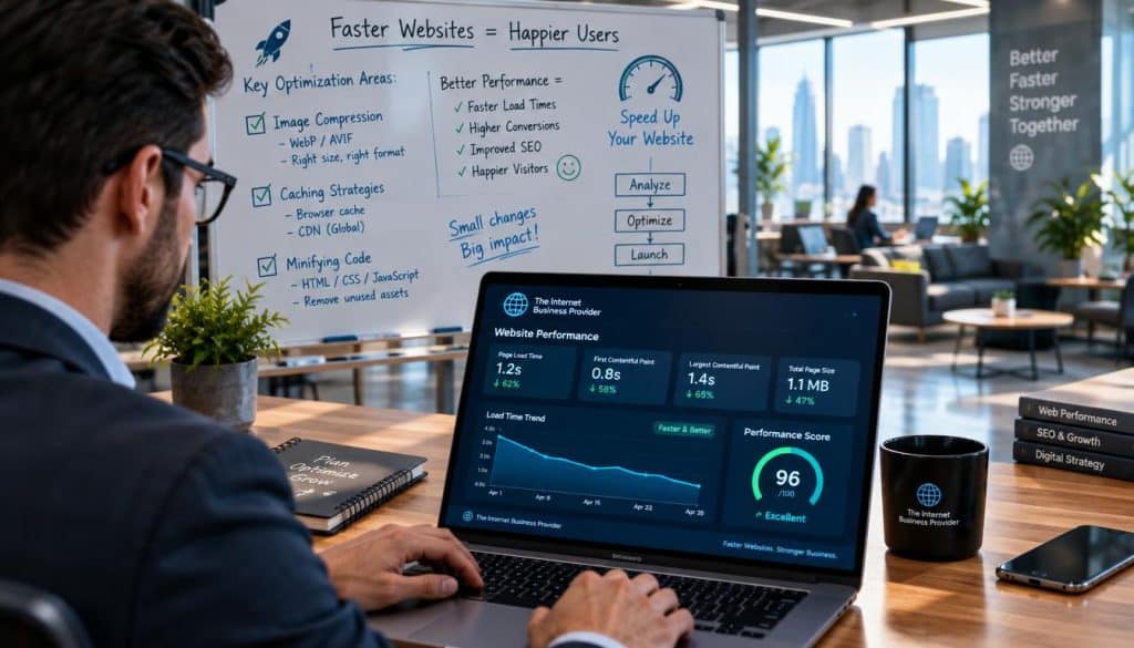 A digital workspace depicting practical website performance improvements, set in an office environment. In the foreground, a professional in business attire is analyzing website metrics on a laptop, with graphs and speed optimization stats displayed on the screen. The middle layer features a whiteboard filled with brainstorming ideas, such as "Image Compression," "Caching Strategies," and "Minifying Code," all related to speeding up websites. In the background, a sleek modern office setting with large windows allowing natural light to illuminate the room, creating a bright and productive atmosphere. The focus is sharp on the foreground elements, with a soft bokeh effect in the background. Include the brand logo “The Internet Business Provider” subtly on the laptop screen, ensuring a professional look throughout.