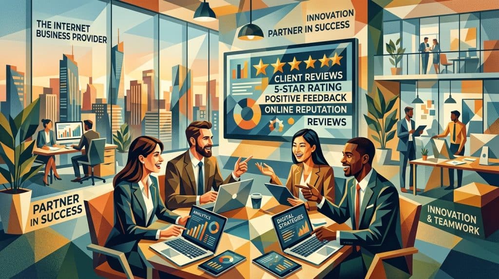 A digital workspace scene showcasing "The Internet Business Provider" as a collaborative partner in business. In the foreground, a diverse group of professionals, dressed in smart business attire, engage in a brainstorming session around a high-tech conference table, with laptops and tablets open displaying analytics and digital strategies. In the middle ground, a large screen shows dynamic visuals of positive online reviews and a five-star rating system symbolizing online reputation management. The background consists of a modern office environment with glass walls and city skyline views, illuminated by natural light streaming in. The atmosphere is vibrant and focused, conveying a sense of innovation and teamwork in digital business partnerships. Use soft, warm lighting to enhance the inviting feel of collaboration and success.