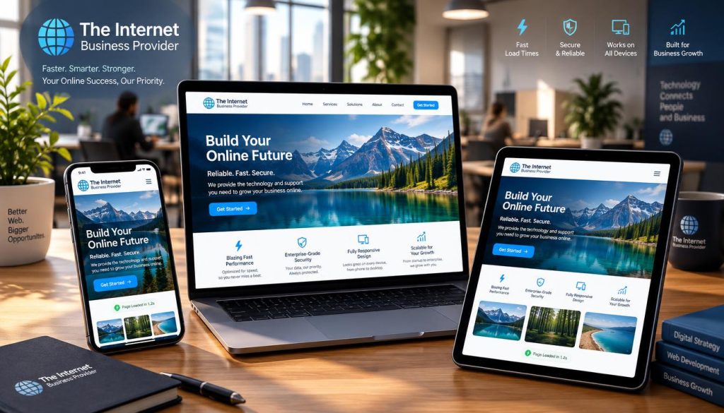 A dynamic illustration of mobile responsive web design showcasing various devices displaying a website with optimized images. In the foreground, a high-resolution smartphone and tablet are angled towards the viewer, clearly showing vibrant images and speedy load times. In the middle, a sleek laptop showcases the same website, enhancing the visual symmetry. The background features a soft-focus office environment with ambient lighting, casting gentle shadows that emphasize the devices. Use a wide-angle lens to capture the scene's breadth, creating a sense of depth and engagement. The mood is professional and forward-thinking, symbolizing the intersection of technology and business. Include subtle branding elements of "The Internet Business Provider" on the devices, reinforcing brand identity. A dynamic illustration of mobile responsive web design showcasing various devices displaying a website with optimized images. In the foreground, a high-resolution smartphone and tablet are angled towards the viewer, clearly showing vibrant images and speedy load times. In the middle, a sleek laptop showcases the same website, enhancing the visual symmetry. The background features a soft-focus office environment with ambient lighting, casting gentle shadows that emphasize the devices. Use a wide-angle lens to capture the scene's breadth, creating a sense of depth and engagement. The mood is professional and forward-thinking, symbolizing the intersection of technology and business. Include subtle branding elements of "The Internet Business Provider" on the devices, reinforcing brand identity.