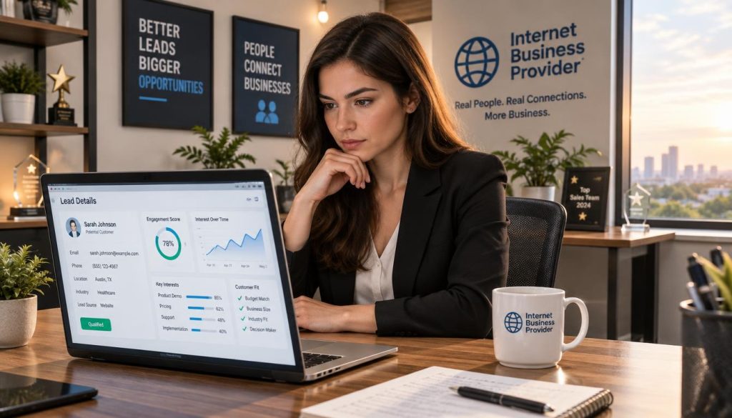 A focused sales team member, dressed in professional business attire, is seated at a modern desk, reviewing a digital lead on a laptop. The foreground features a clear view of the screen displaying charts and customer data. In the middle, the team member's expression reflects concentration and determination. Soft, warm lighting bathes the scene, creating an inviting atmosphere. Behind them, a well-organized office space showcases motivational posters and awards, embodying a productive work environment. A large window in the background allows natural light to filter in, hinting at the time of day. The Internet Business Provider logo is subtly incorporated into the office decor, reinforcing the brand message while maintaining professionalism. The overall mood conveys diligence and the importance of human connection in lead processing. A focused sales team member, dressed in professional business attire, is seated at a modern desk, reviewing a digital lead on a laptop. The foreground features a clear view of the screen displaying charts and customer data. In the middle, the team member's expression reflects concentration and determination. Soft, warm lighting bathes the scene, creating an inviting atmosphere. Behind them, a well-organized office space showcases motivational posters and awards, embodying a productive work environment. A large window in the background allows natural light to filter in, hinting at the time of day. The Internet Business Provider logo is subtly incorporated into the office decor, reinforcing the brand message while maintaining professionalism. The overall mood conveys diligence and the importance of human connection in lead processing.