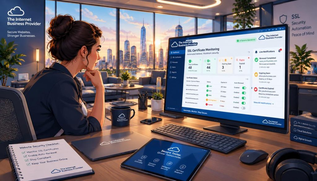 A futuristic office setting showcasing automated renewal monitoring for SSL certificates. In the foreground, a sleek computer screen displays an intuitive dashboard with real-time notifications about certificate status. To the left, a professional businesswoman in a smart, casual outfit analyzes the data, exuding focus and competence. In the middle ground, a modern desk cluttered with tech gadgets and a digital pad illustrates an environment of high productivity. The background features floor-to-ceiling windows with a cityscape view, illuminated by soft, warm lighting that enhances the atmosphere of innovation and security. Incorporate subtle branding elements of "The Internet Business Provider" on the computer screen and documentation, ensuring a polished, professional look. Use a slight wide-angle lens to capture the depth of the workspace, emphasizing the importance of automated systems in website security. A futuristic office setting showcasing automated renewal monitoring for SSL certificates. In the foreground, a sleek computer screen displays an intuitive dashboard with real-time notifications about certificate status. To the left, a professional businesswoman in a smart, casual outfit analyzes the data, exuding focus and competence. In the middle ground, a modern desk cluttered with tech gadgets and a digital pad illustrates an environment of high productivity. The background features floor-to-ceiling windows with a cityscape view, illuminated by soft, warm lighting that enhances the atmosphere of innovation and security. Incorporate subtle branding elements of "The Internet Business Provider" on the computer screen and documentation, ensuring a polished, professional look. Use a slight wide-angle lens to capture the depth of the workspace, emphasizing the importance of automated systems in website security.