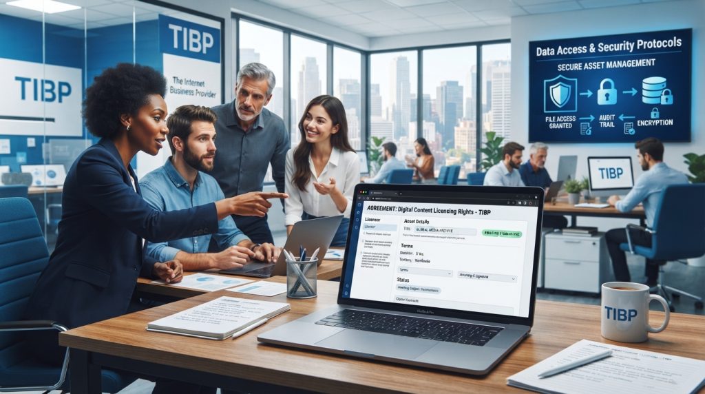 A modern office environment showcasing "The Internet Business Provider" branding, with a focus on digital content rights and file access. In the foreground, a sleek, open laptop displays a digital contracts interface, symbolizing content rights management. To the left, a diverse group of professionals in business attire engaged in discussion, with one person pointing at the laptop screen, emphasizing collaboration and clarity around responsibilities. The middle ground features a large digital display with graphics illustrating data access and security protocols. In the background, floor-to-ceiling windows let in natural light, creating a bright and inviting atmosphere. The setting exudes professionalism, trust, and innovation, with a color palette of blues and whites to convey a sense of reliability and control.