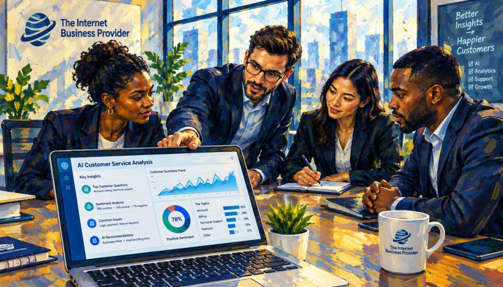A modern office setting featuring a diverse team of support staff in professional business attire, gathered around a sleek conference table. In the foreground, a laptop displays detailed AI analysis of customer service questions, with graphs and data visualizations. The middle ground shows engaged team members actively discussing insights, one person pointing at the laptop screen while another takes notes. In the background, large windows let in bright, natural light, casting gentle shadows across the room. The atmosphere is collaborative and focused, emphasizing the innovation of using AI to enhance customer service. The brand logo "The Internet Business Provider" is subtly integrated into the design elements of the workspace, harmonizing with the professional environment. A modern office setting featuring a diverse team of support staff in professional business attire, gathered around a sleek conference table. In the foreground, a laptop displays detailed AI analysis of customer service questions, with graphs and data visualizations. The middle ground shows engaged team members actively discussing insights, one person pointing at the laptop screen while another takes notes. In the background, large windows let in bright, natural light, casting gentle shadows across the room. The atmosphere is collaborative and focused, emphasizing the innovation of using AI to enhance customer service. The brand logo "The Internet Business Provider" is subtly integrated into the design elements of the workspace, harmonizing with the professional environment.