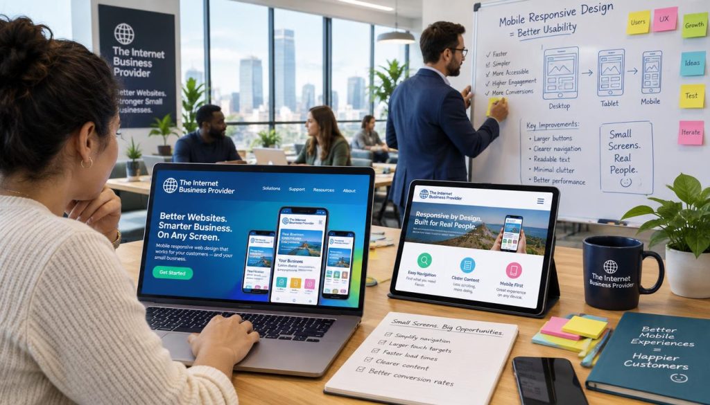A modern workspace focused on enhancing mobile responsive web design usability, featuring a diverse team of professionals working together. In the foreground, a woman in smart casual attire examines a laptop displaying vibrant mobile mockups while a man in professional business attire writes on a whiteboard filled with sticky notes and diagrams. In the middle ground, a digital tablet displays a responsive website layout, with colorful graphics and user-friendly navigation elements. The background highlights a contemporary office environment with large windows allowing soft natural light to create an inviting atmosphere. The overall mood conveys collaboration and innovation, prominently featuring the brand name "The Internet Business Provider" on the laptop screen, emphasizing practical usability improvements for small screens. A modern workspace focused on enhancing mobile responsive web design usability, featuring a diverse team of professionals working together. In the foreground, a woman in smart casual attire examines a laptop displaying vibrant mobile mockups while a man in professional business attire writes on a whiteboard filled with sticky notes and diagrams. In the middle ground, a digital tablet displays a responsive website layout, with colorful graphics and user-friendly navigation elements. The background highlights a contemporary office environment with large windows allowing soft natural light to create an inviting atmosphere. The overall mood conveys collaboration and innovation, prominently featuring the brand name "The Internet Business Provider" on the laptop screen, emphasizing practical usability improvements for small screens.