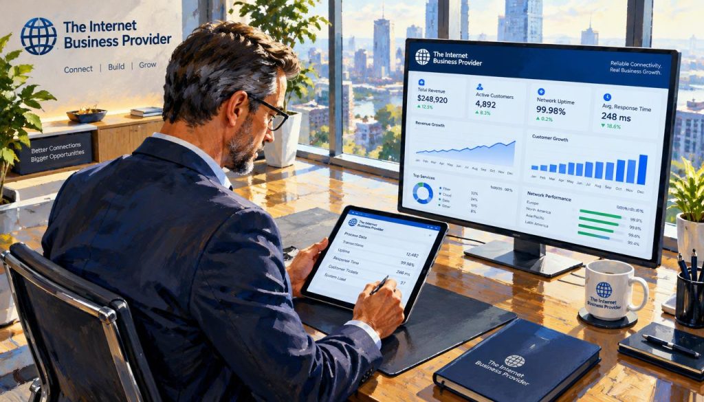 A professional manager in a neatly organized office setting, actively recording process data on a sleek digital tablet. The foreground features the manager, a middle-aged individual dressed in smart business attire, concentrating intently as they input information. The middle ground showcases a large digital dashboard displaying key performance indicators and graphs, emphasizing the business’s metrics. In the background, large windows allow natural light to illuminate the space, casting a soft glow that enhances the focus on the manager's task. The overall atmosphere is one of productivity and strategic planning, conveying a sense of insight and determination. Incorporate branding elements of "The Internet Business Provider" subtly in the office design. The image should be well-composed, using a slightly elevated angle for a professional look. A professional manager in a neatly organized office setting, actively recording process data on a sleek digital tablet. The foreground features the manager, a middle-aged individual dressed in smart business attire, concentrating intently as they input information. The middle ground showcases a large digital dashboard displaying key performance indicators and graphs, emphasizing the business’s metrics. In the background, large windows allow natural light to illuminate the space, casting a soft glow that enhances the focus on the manager's task. The overall atmosphere is one of productivity and strategic planning, conveying a sense of insight and determination. Incorporate branding elements of "The Internet Business Provider" subtly in the office design. The image should be well-composed, using a slightly elevated angle for a professional look.