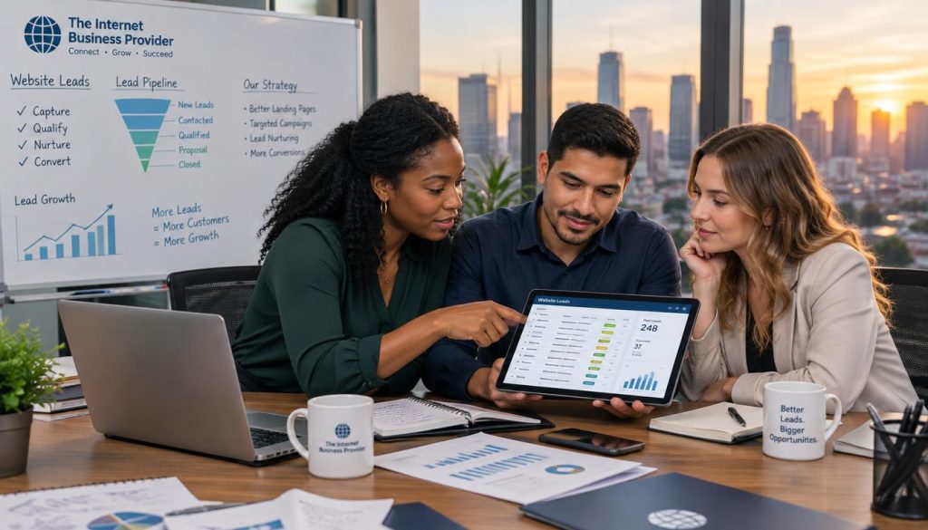 A professional sales team meeting in a modern office, focused on organizing website leads generated for The Internet Business Provider. In the foreground, a diverse group of three professionals (a Black woman, a Hispanic man, and a Caucasian woman) are engaged in a discussion, reviewing a digital tablet displaying lead data. The middle ground features a contemporary desk cluttered with papers, a laptop, and coffee mugs, with a sleek whiteboard displaying graphs and strategy notes. In the background, large windows reveal a city skyline bathed in warm evening light, creating a productive and optimistic atmosphere. Use soft, natural lighting to enhance the mood, with a slight depth of field to bring focus to the team. Capture the essence of teamwork and lead management effectively. A professional sales team meeting in a modern office, focused on organizing website leads generated for The Internet Business Provider. In the foreground, a diverse group of three professionals (a Black woman, a Hispanic man, and a Caucasian woman) are engaged in a discussion, reviewing a digital tablet displaying lead data. The middle ground features a contemporary desk cluttered with papers, a laptop, and coffee mugs, with a sleek whiteboard displaying graphs and strategy notes. In the background, large windows reveal a city skyline bathed in warm evening light, creating a productive and optimistic atmosphere. Use soft, natural lighting to enhance the mood, with a slight depth of field to bring focus to the team. Capture the essence of teamwork and lead management effectively.