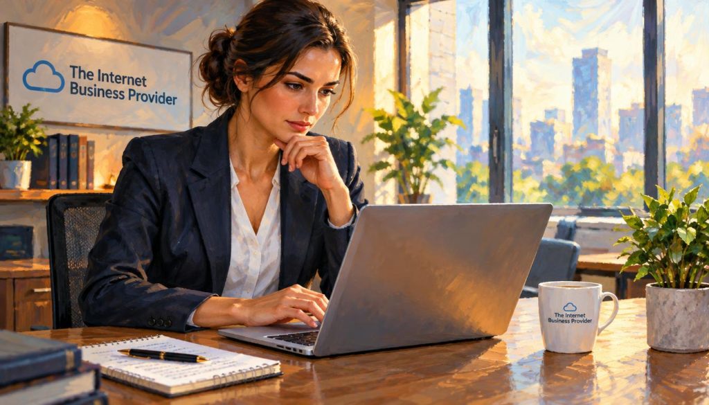 A professional staff member, dressed in smart business attire, reviews a privacy-safe reply to customer feedback on a sleek laptop in a modern office environment. In the foreground, focus on the staff member, who has a thoughtful expression while examining the screen. The middle ground showcases an organized desk with a notepad, a coffee mug, and a small plant to enhance the ambiance. In the background, large windows allow natural light to stream in, illuminating the room and creating a warm, inviting atmosphere. The scene conveys a sense of diligence and professionalism, highlighting the importance of careful response management. The branding "The Internet Business Provider" is subtly represented within the workspace decor, enhancing the context without distraction. A professional staff member, dressed in smart business attire, reviews a privacy-safe reply to customer feedback on a sleek laptop in a modern office environment. In the foreground, focus on the staff member, who has a thoughtful expression while examining the screen. The middle ground showcases an organized desk with a notepad, a coffee mug, and a small plant to enhance the ambiance. In the background, large windows allow natural light to stream in, illuminating the room and creating a warm, inviting atmosphere. The scene conveys a sense of diligence and professionalism, highlighting the importance of careful response management. The branding "The Internet Business Provider" is subtly represented within the workspace decor, enhancing the context without distraction.