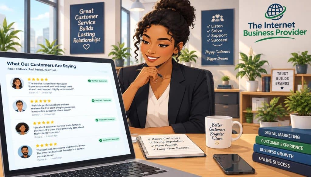 A serene workspace scene depicting a digital marketing professional reviewing genuine customer feedback on a laptop. In the foreground, a close-up of the laptop screen shows uplifting reviews with 5-star ratings, illustrating trust and satisfaction. The middle layer features a confident, diverse individual dressed in professional business attire, engaged in thoughtful analysis of customer reviews; they are smiling, radiating positivity. The background reveals a modern office environment with soft natural lighting, potted plants, and motivational posters about customer service excellence. The overall ambiance conveys professionalism and trust. Prominently displayed in the corner of the image is the brand name "The Internet Business Provider", subtly integrated into the office decor. A serene workspace scene depicting a digital marketing professional reviewing genuine customer feedback on a laptop. In the foreground, a close-up of the laptop screen shows uplifting reviews with 5-star ratings, illustrating trust and satisfaction. The middle layer features a confident, diverse individual dressed in professional business attire, engaged in thoughtful analysis of customer reviews; they are smiling, radiating positivity. The background reveals a modern office environment with soft natural lighting, potted plants, and motivational posters about customer service excellence. The overall ambiance conveys professionalism and trust. Prominently displayed in the corner of the image is the brand name "The Internet Business Provider", subtly integrated into the office decor.