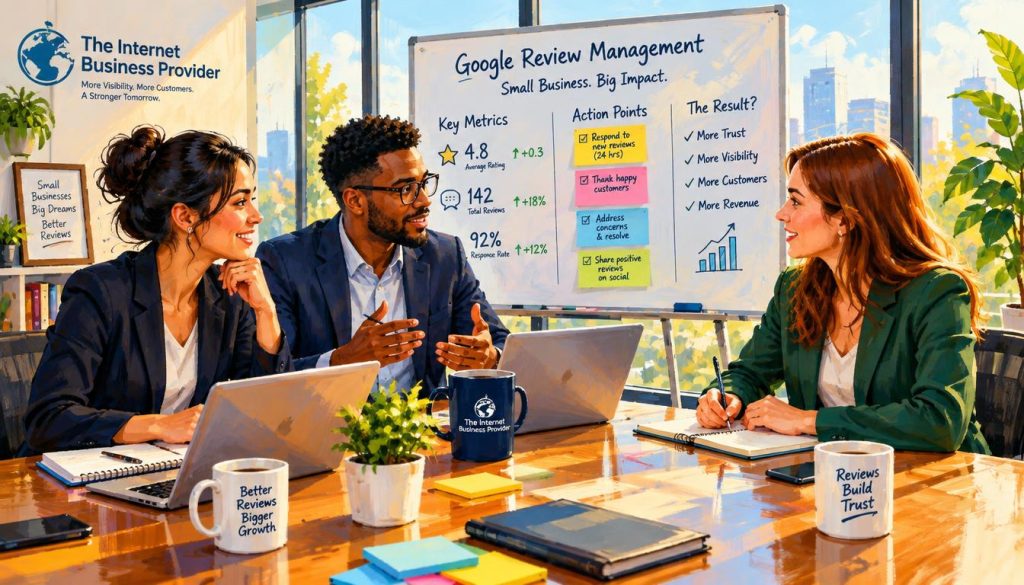 A small business team engages in a daily review response routine in a bright, modern office space. In the foreground, a diverse group of three professionals, dressed in smart business attire, sits around a sleek conference table covered with laptops, notes, and coffee cups. The middle ground features a whiteboard displaying key performance metrics and sticky notes highlighting action points. The background shows large windows with natural light pouring in, providing a vibrant atmosphere. The team's expressions are focused and collaborative, conveying a sense of commitment and enthusiasm. The image captures a well-organized workspace, echoing the professionalism of the brand "The Internet Business Provider," emphasizing the importance of effective Google review management for small businesses. Soft, warm lighting enhances the friendly mood. A small business team engages in a daily review response routine in a bright, modern office space. In the foreground, a diverse group of three professionals, dressed in smart business attire, sits around a sleek conference table covered with laptops, notes, and coffee cups. The middle ground features a whiteboard displaying key performance metrics and sticky notes highlighting action points. The background shows large windows with natural light pouring in, providing a vibrant atmosphere. The team's expressions are focused and collaborative, conveying a sense of commitment and enthusiasm. The image captures a well-organized workspace, echoing the professionalism of the brand "The Internet Business Provider," emphasizing the importance of effective Google review management for small businesses. Soft, warm lighting enhances the friendly mood.