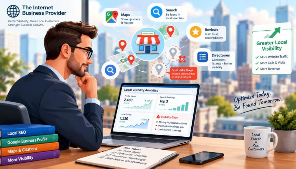 A visually engaging and informative representation of "Local visibility gaps in a business profile". In the foreground, a confident business professional in smart attire examines a digital screen displaying analytics and graphs. In the middle ground, an array of colorful icons symbolizing local SEO elements—maps, location pins, and search magnifiers—float around, illustrating connectivity and gaps. The background features a blurred cityscape with tall buildings to emphasize local business presence. Soft, natural lighting highlights the professional, creating an atmosphere of focus and determination. The composition should have a slight depth of field effect, emphasizing the workflow of optimizing local visibility for "The Internet Business Provider". The overall mood is proactive and solution-oriented, reflecting a drive to improve local search visibility. A visually engaging and informative representation of "Local visibility gaps in a business profile". In the foreground, a confident business professional in smart attire examines a digital screen displaying analytics and graphs. In the middle ground, an array of colorful icons symbolizing local SEO elements—maps, location pins, and search magnifiers—float around, illustrating connectivity and gaps. The background features a blurred cityscape with tall buildings to emphasize local business presence. Soft, natural lighting highlights the professional, creating an atmosphere of focus and determination. The composition should have a slight depth of field effect, emphasizing the workflow of optimizing local visibility for "The Internet Business Provider". The overall mood is proactive and solution-oriented, reflecting a drive to improve local search visibility.