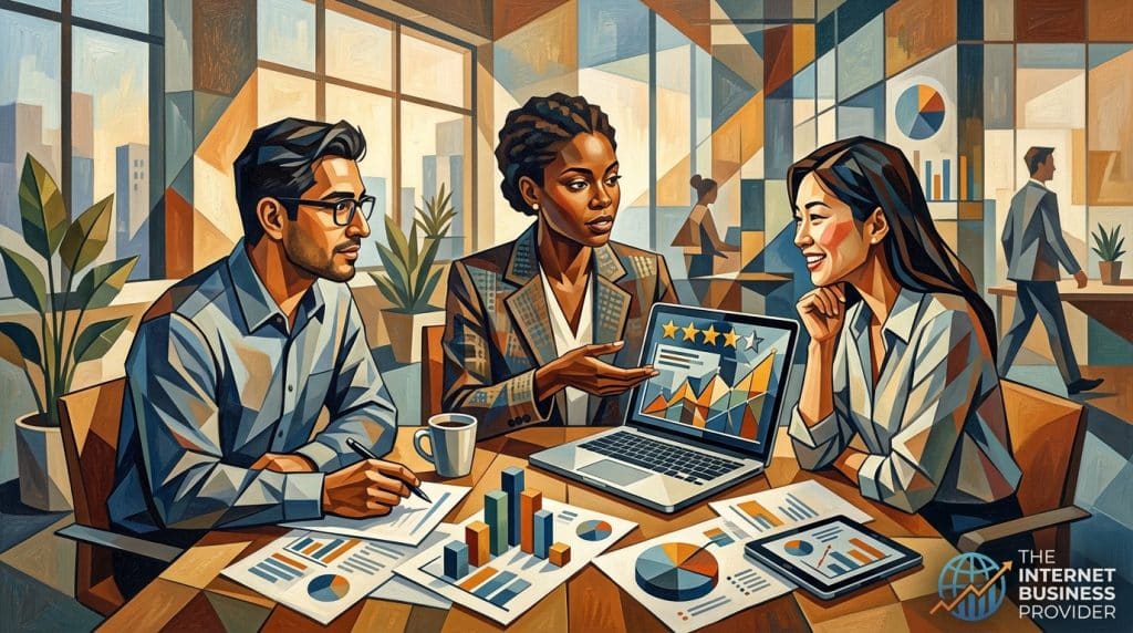 A visually engaging image reflecting the theme of "Why a Perfect Five-Star Score Isn’t Required for Trustworthiness." In the foreground, a diverse group of three professionals in business attire—two women and one man—are engaged in a thoughtful discussion around a table with a laptop displaying a five-star rating graph. In the middle ground, a wooden table with various visual data representations like bar charts and pie graphs complements the scene. The background features a modern office setting with large windows allowing soft, natural light to filter in, creating a warm and inviting atmosphere. The mood conveys collaboration and insight, emphasizing trust over perfection. Incorporate the logo of "The Internet Business Provider" subtly in the lower corner of the image, ensuring it doesn’t distract from the focus of the scene.